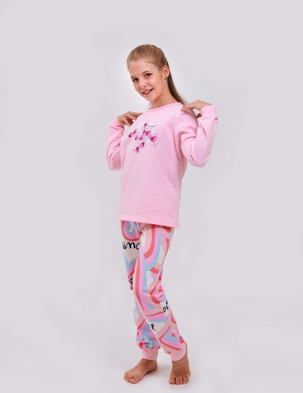 Дитяча піжама для дівчинки з начосом | Розмір: від 92 см до 164 см | 100% cotton | Premium футер  для дівчинки SMIL 104540 Рожевий - изображение 1