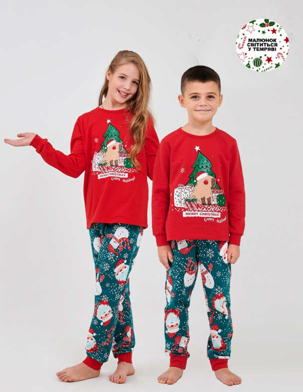 Детская пижама 100% cotton Новогодняя с начесом от 92 до 116 см Premium футер Идеальная на Подарок унисекс SMIL 104548-1 Красный 3 - изображение 1
