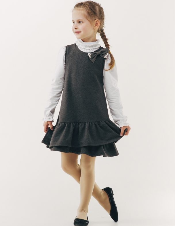 Детский сарафан для девочки | Размер: 140 см | Стрейч-футер высшего качества | Идеален в школу | Стильно с блузками и лонгсливами для девочки SMIL 120225 Темно-серый меланж - изображение 1