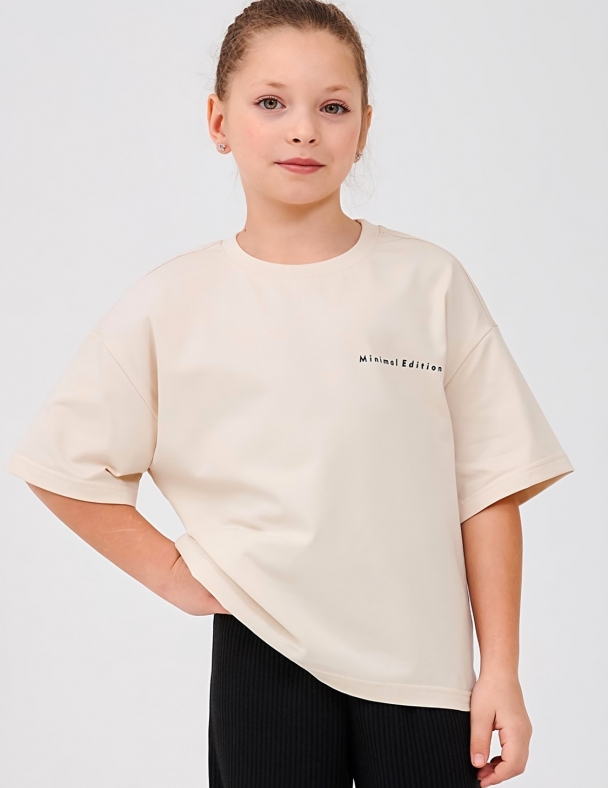 Дитяча футболка для дівчинки від 7 до 10 років 95% cotton Eco Полотно Stretch Single Jersey Оверсайз і М'яка для дівчинки SMIL 110865-1 Світло-бежевий - изображение 1