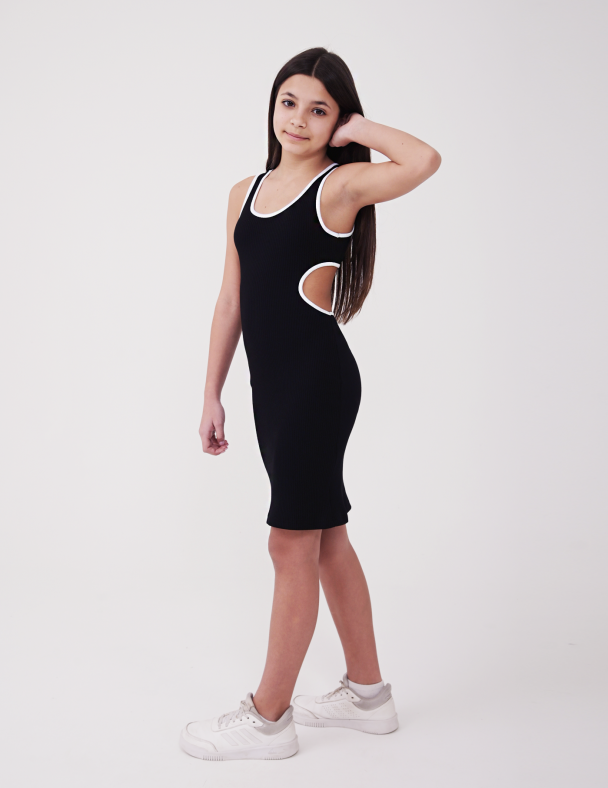 Детское платье для девочки от 11 до 16 лет 95% cotton Eco Рубчик Rib Knit Стильное с Вырезами для девочки SMIL 120475-1 Черный - изображение 2