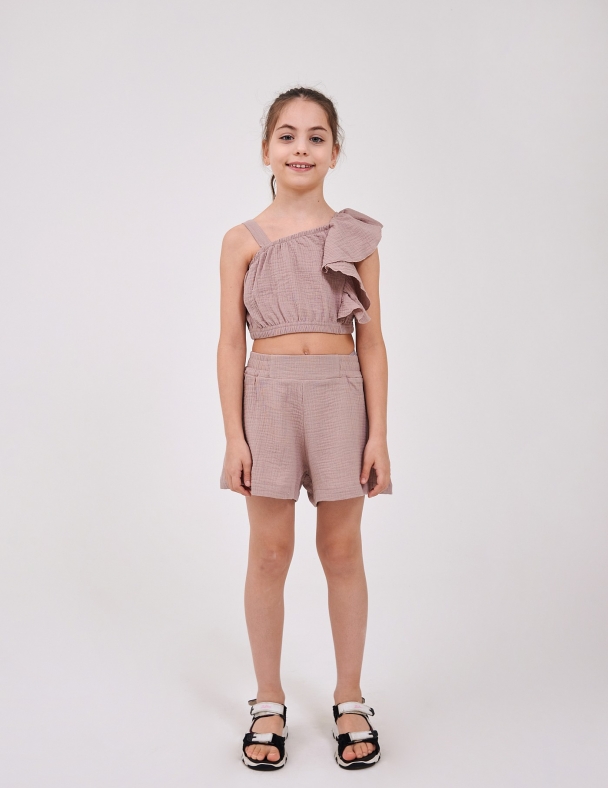 Мусліновий дитячий Топ для дівчинки 7–10 років кавовий на одне плече з воланом 100% бавовна  для дівчинки SMIL 110896-1 Кавовий - изображение 3