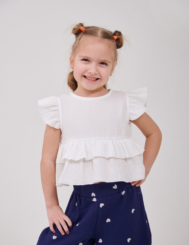 Муслиновый детский топ для девочки 2–6 лет молочного цвета с рюшами легкий 100% хлопок для девочки SMIL 110895-1 Молочный - изображение 1