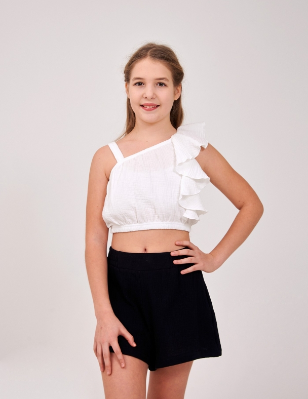 Муслиновый подростковый топ для девочки 11–14 лет белый на одно плечо укороченный 100% хлопок для девочки SMIL 110897-1 Молочный - изображение 1