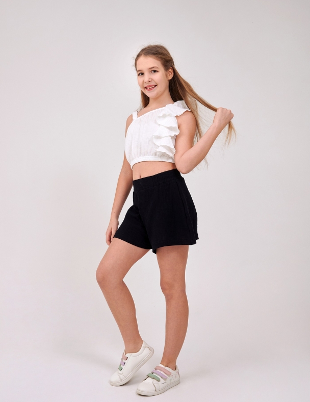 Муслиновый подростковый топ для девочки 11–14 лет белый на одно плечо укороченный 100% хлопок для девочки SMIL 110897-1 Молочный - изображение 2
