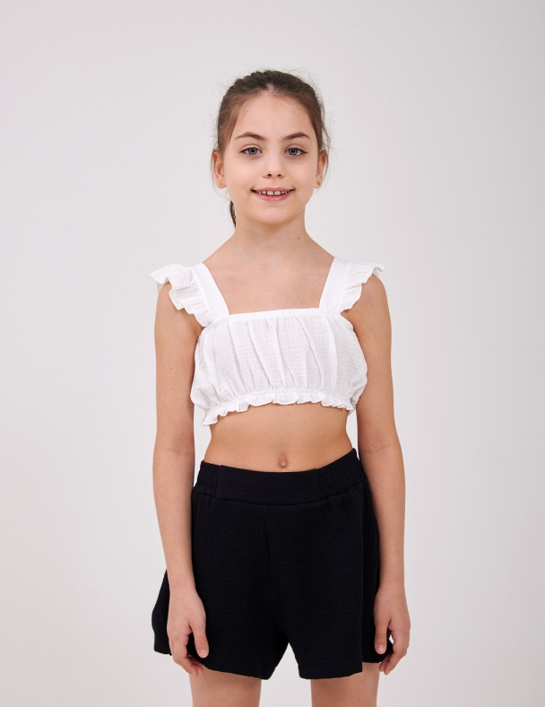 Муслиновый детский топ для девочки 7–10 лет белый укороченный легкий 100% хлопок для девочки SMIL 110900-1 Молочный - изображение 1