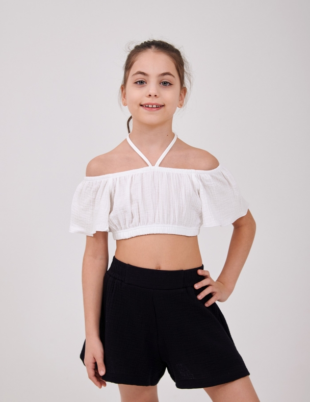 Муслиновый детский топ для девочки 7–10 лет белый 100% хлопок с открытыми плечами для девочки SMIL 110901-1 Молочный - изображение 1