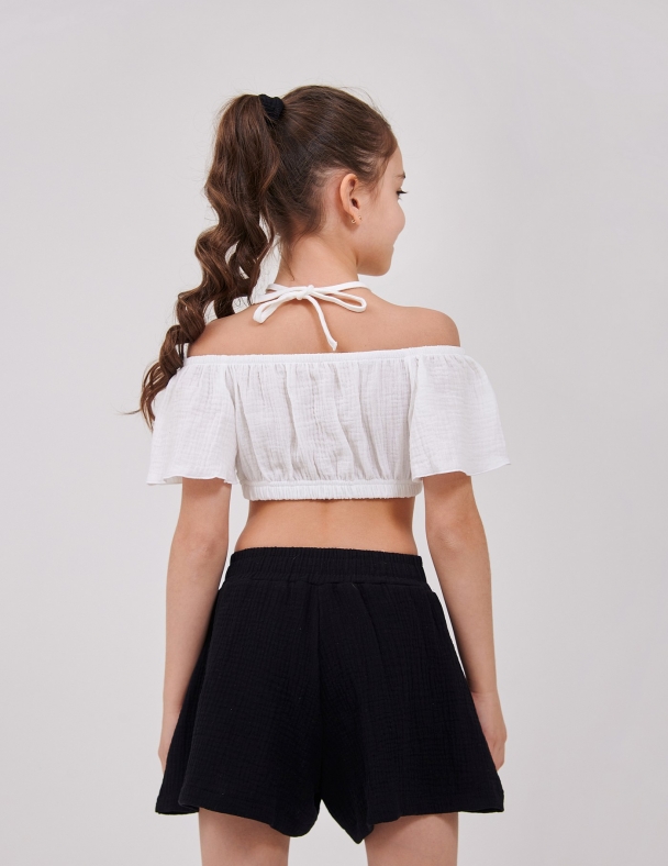 Муслиновый детский топ для девочки 7–10 лет белый 100% хлопок с открытыми плечами для девочки SMIL 110901-1 Молочный - изображение 2